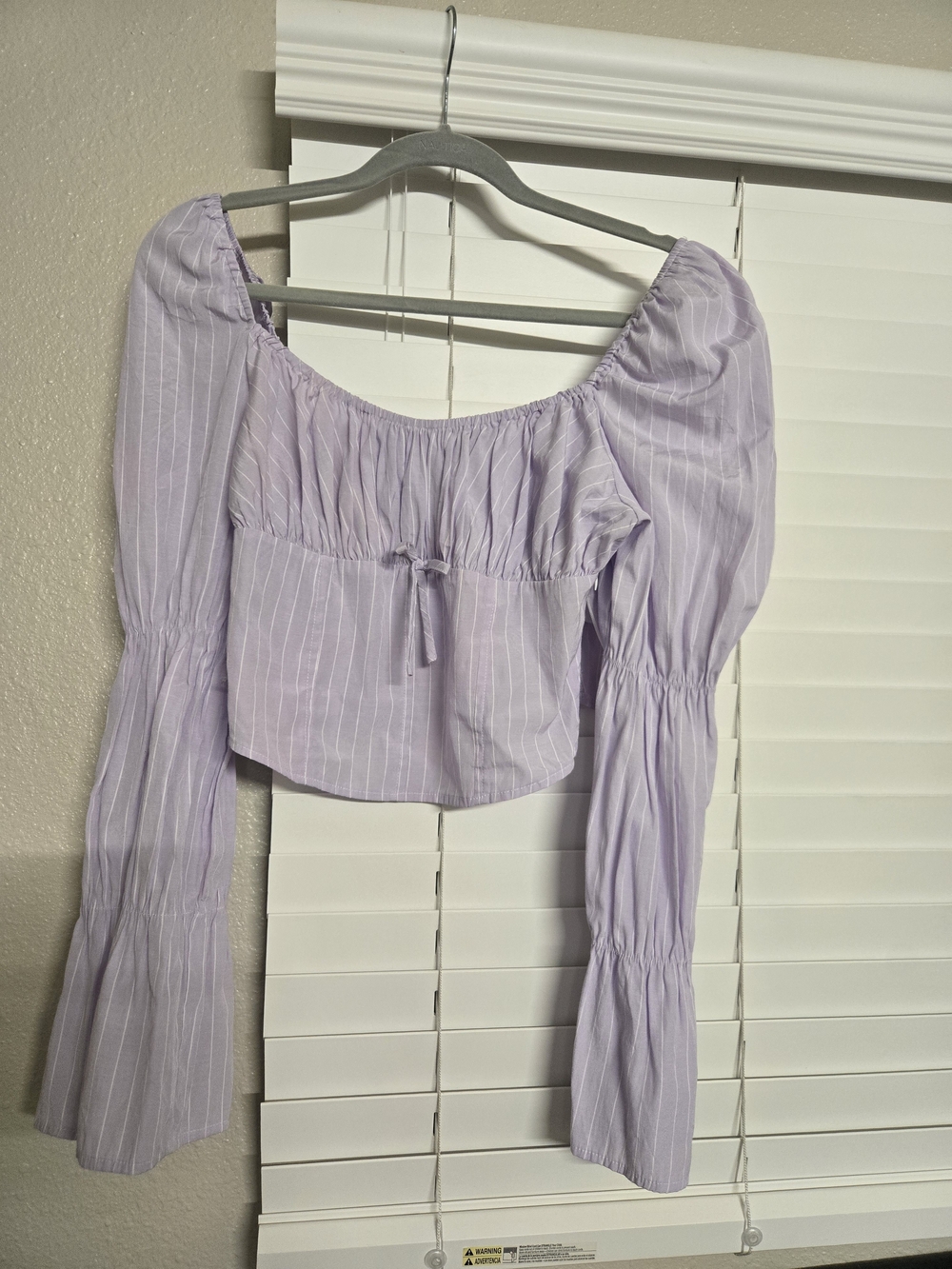 Freshman Lilac Striped Puff-Sleeve Square-Neck Crop Top